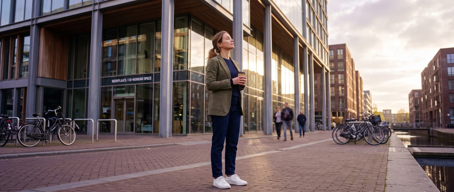 Vrouw met een koffie die rustig ademhaalt voor een kantoorgebouw