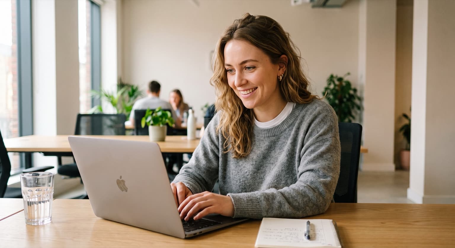 Een lachende vrouw beantwoordt vragen op haar laptop in een licht kantoor